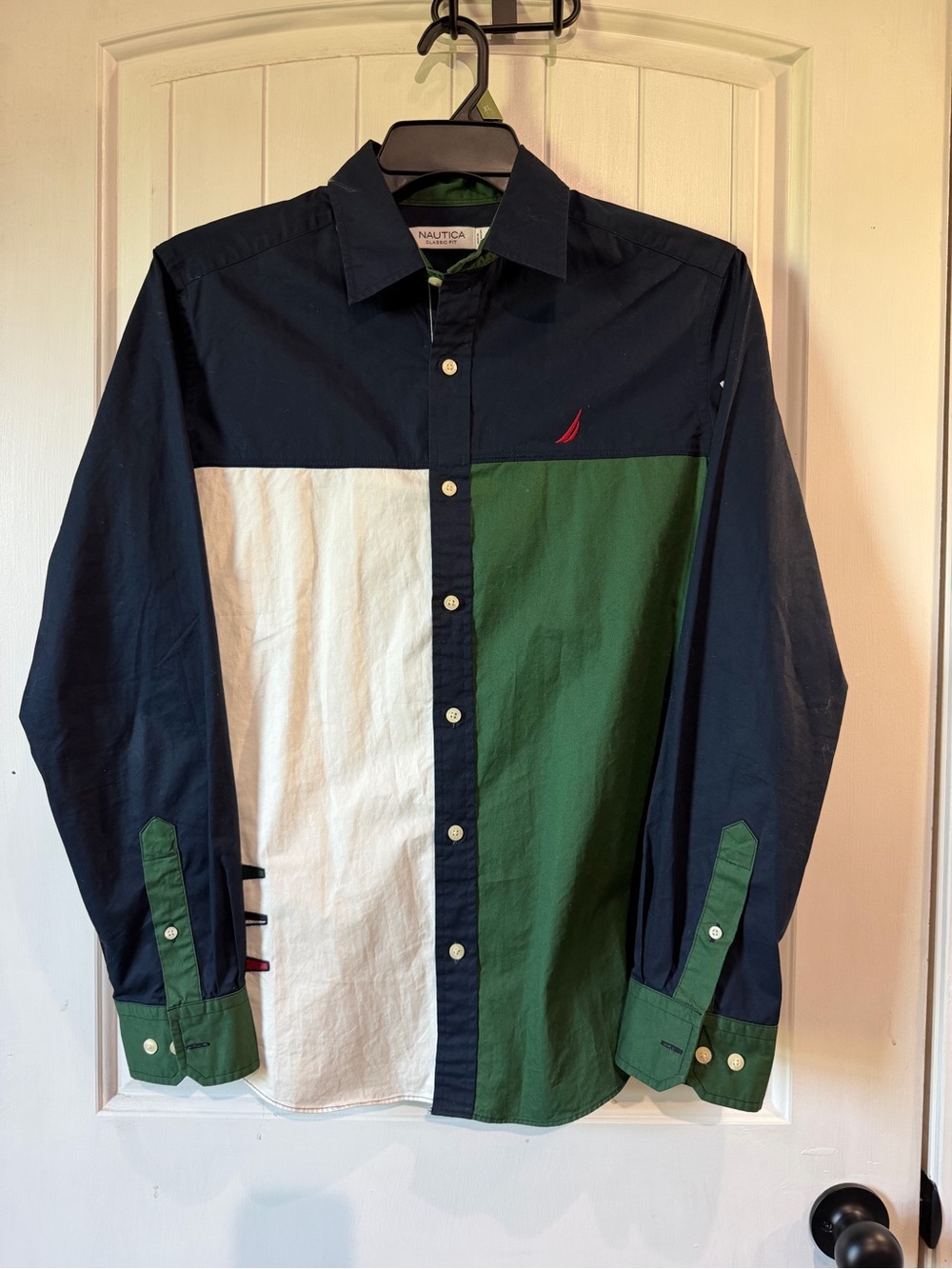 Nautica Men’s Navy, White & Green Colorblock Button-Up Shirt